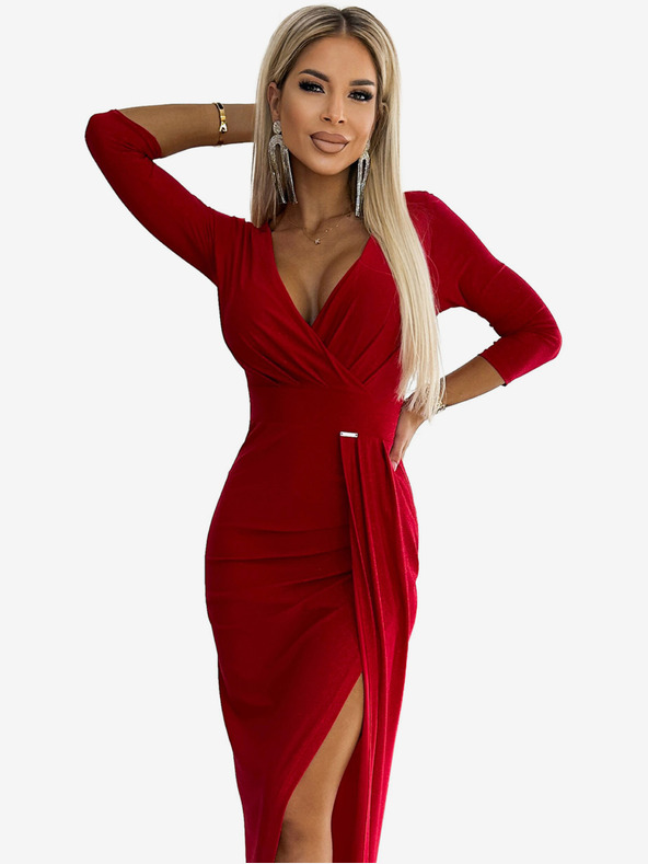 numoco Trblietavé šaty s výstrihom a rozparkom na nohách - červené Numoco