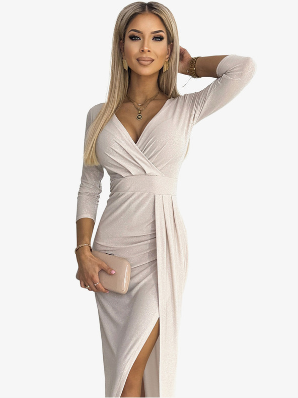 numoco Trblietavé šaty s výstrihom a rozparkom na nohách - béžové Numoco