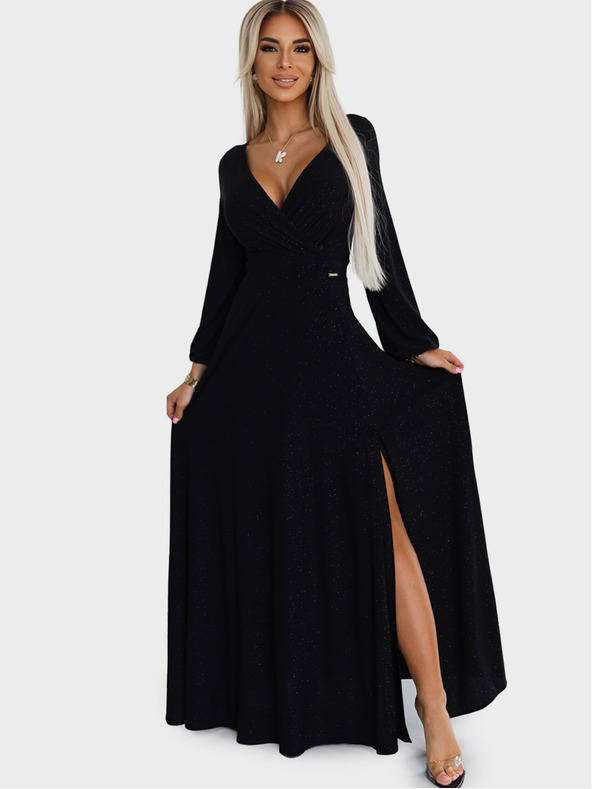 numoco Lesklé šaty s dlhým rukávom a výstrihom - čierne Numoco NELA