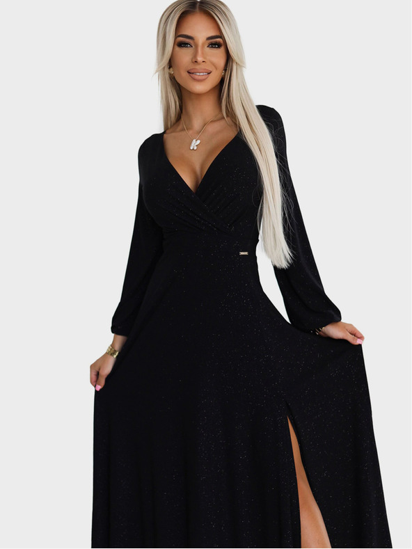 numoco Lesklé šaty s dlhým rukávom a výstrihom - čierne Numoco NELA