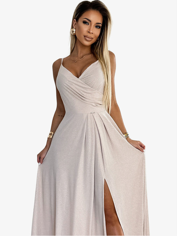 numoco Elegantné maxi šaty bez ramienok - béžové s trblietkami Numoco CHIARA