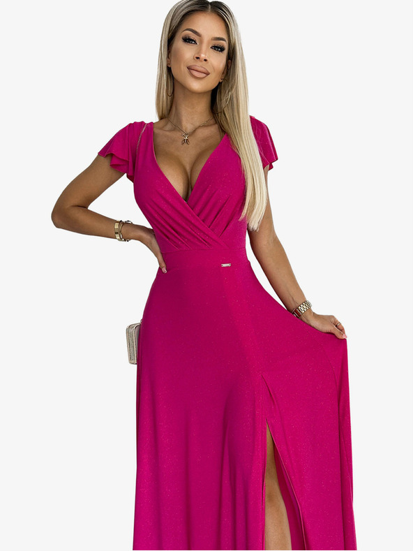 numoco Dlhé trblietavé šaty s výstrihom - fuchsiové Numoco CRYSTAL