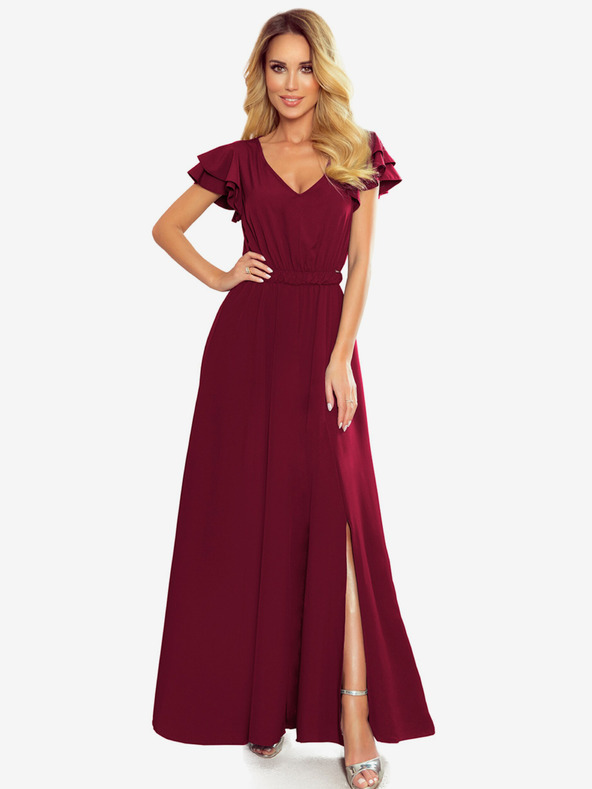 numoco Dlhé šaty s výstrihom a volánmi - bordové Numoco LIDIA