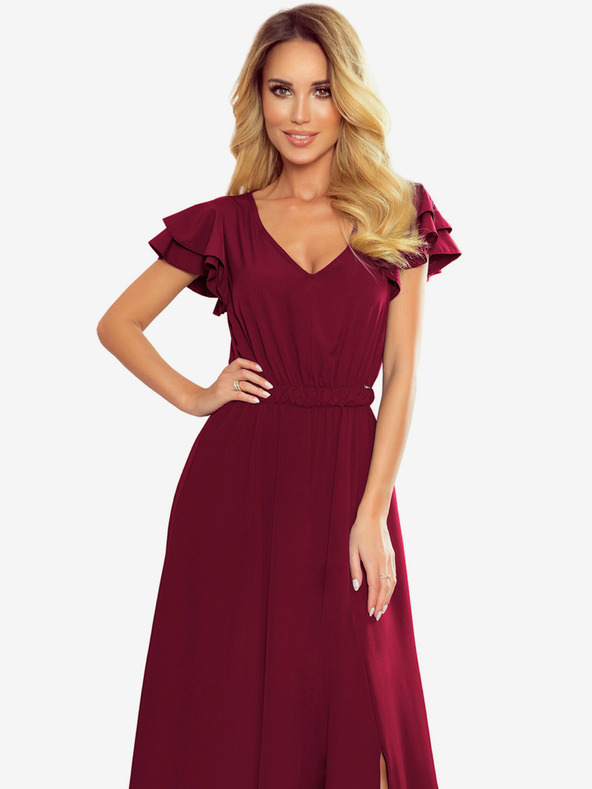 numoco Dlhé šaty s výstrihom a volánmi - bordové Numoco LIDIA
