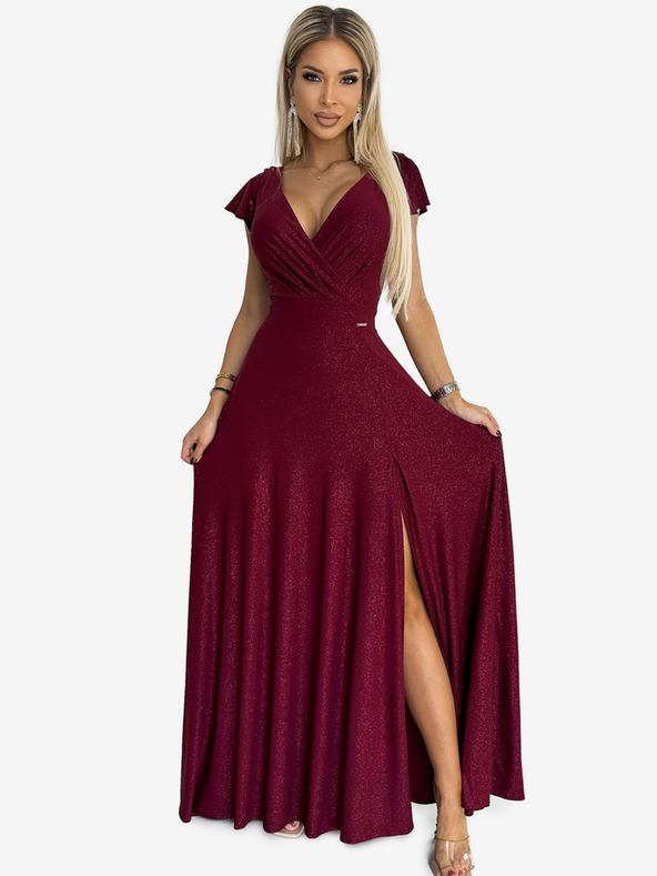 numoco Trblietavé dlhé šaty s výstrihom - bordové Numoco CRYSTAL