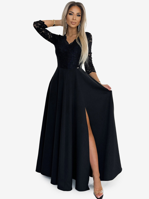 numoco Čipkované, elegantné dlhé šaty s výstrihom a rozparkom na nohách - čierne Numoco AMBER