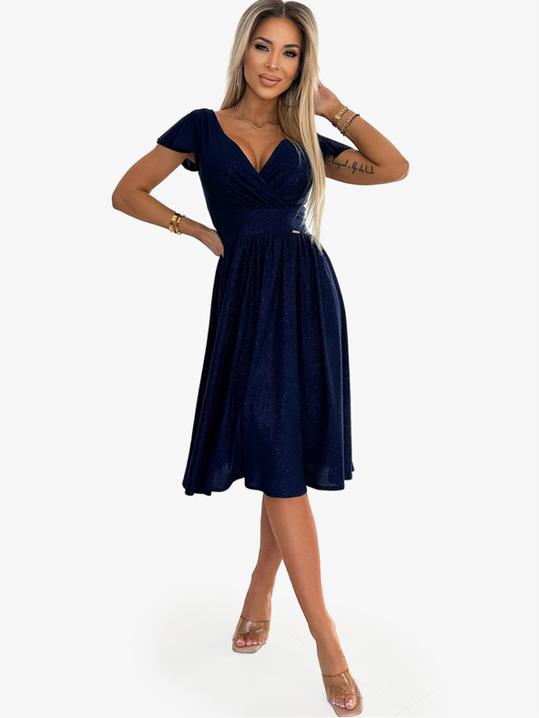 numoco Šaty s výstrihom a krátkymi rukávmi - tmavomodré s trblietkami Numoco MATILDE