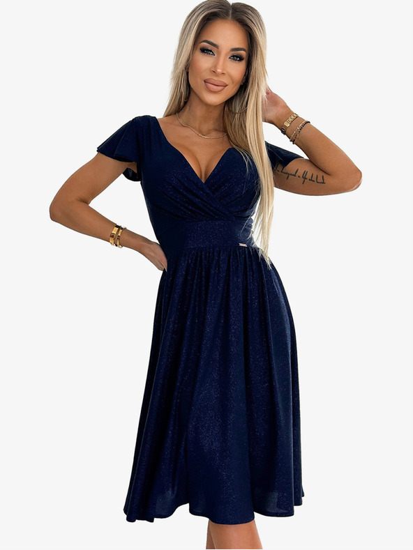 numoco Šaty s výstrihom a krátkymi rukávmi - tmavomodré s trblietkami Numoco MATILDE