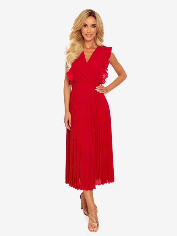 numoco Plisované šaty s volánmi a výstrihom - červené Numoco EMILY