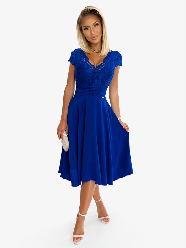 numoco Šifónové šaty s čipkovým výstrihom - modré Numoco LINDA