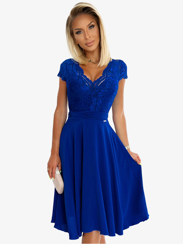 numoco Šifónové šaty s čipkovým výstrihom - modré Numoco LINDA