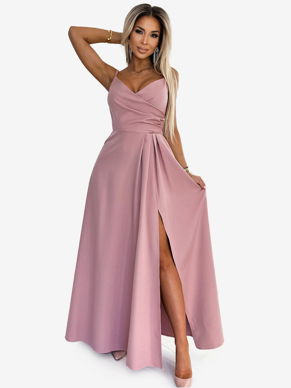 numoco Elegantné maxi šaty na ramienka - špinavoružové Numoco CHIARA