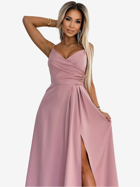 numoco Elegantné maxi šaty na ramienka - špinavoružové Numoco CHIARA