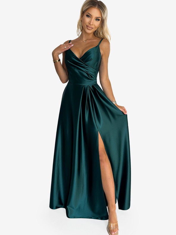 numoco Elegantné saténové maxi šaty bez ramienok - zelené Numoco CHIARA