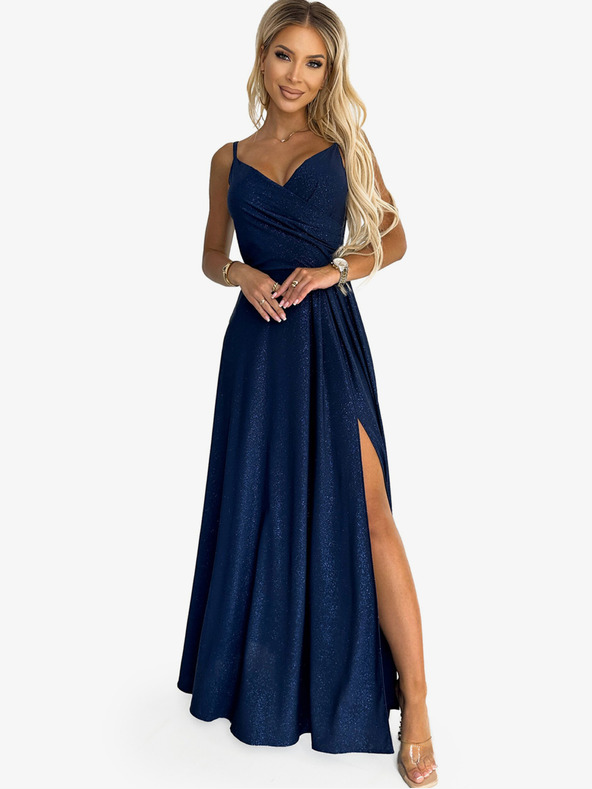 numoco Elegantné maxi šaty bez ramienok - tmavomodré s trblietkami Numoco CHIARA