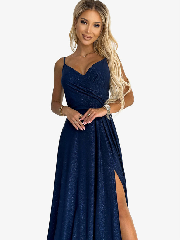 numoco Elegantné maxi šaty bez ramienok - tmavomodré s trblietkami Numoco CHIARA