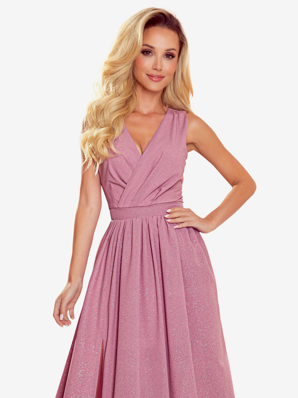 numoco Dlhé šaty s výstrihom a viazaním - púdrovo ružové s trblietkami Numoco JUSTINE