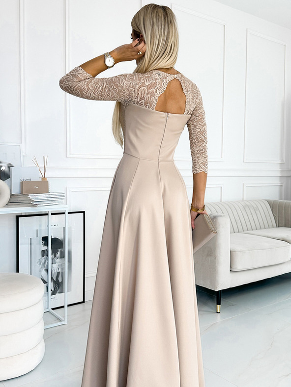numoco Dlhé elegantné šaty s výstrihom a rozparkom na nohách - béžové Numoco AMBER