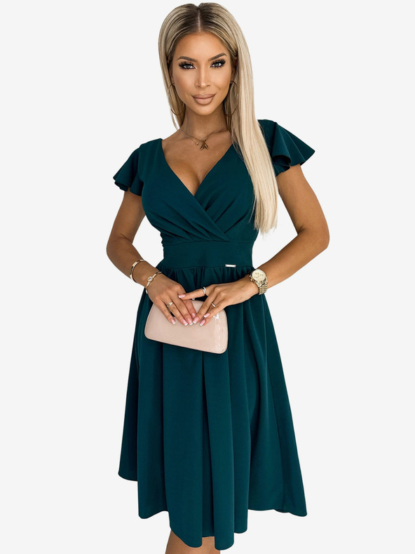 numoco Šaty s krátkymi rukávmi a výstrihom - zelené Numoco MATILDE