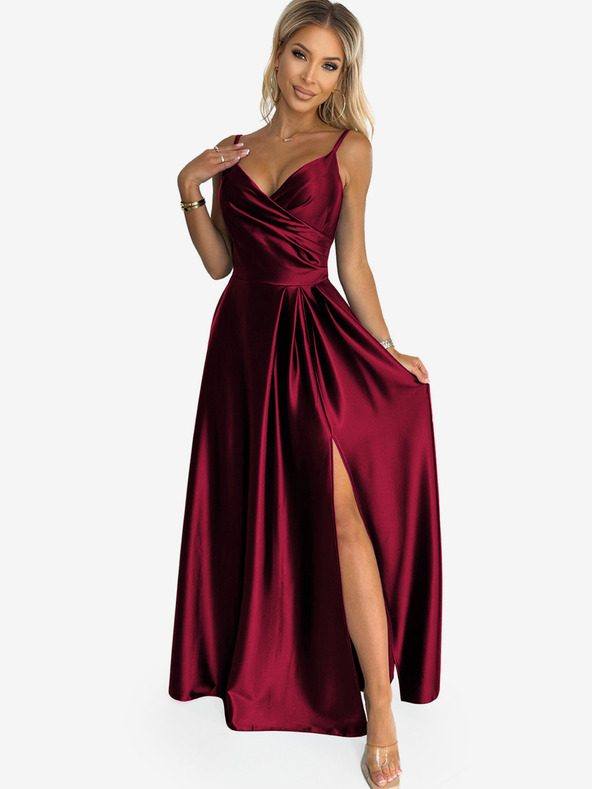 numoco Elegantné saténové maxi šaty bez ramienok - bordová Numoco CHIARA