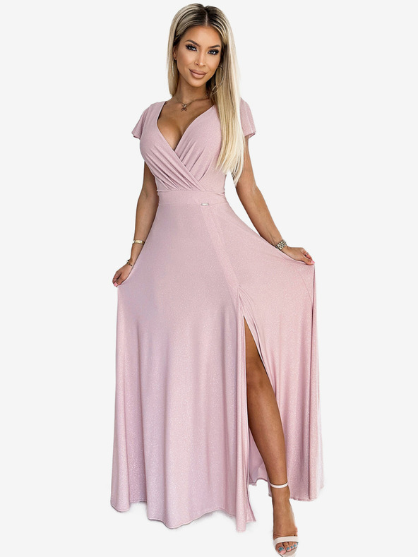 numoco Trblietavé dlhé šaty so srdiečkovým výstrihom - špinavoružové Numoco CRYSTAL