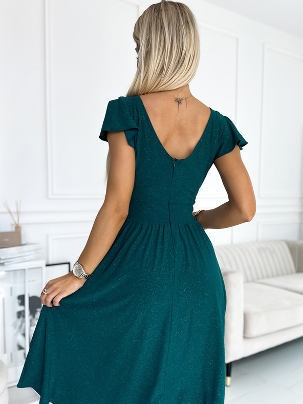 numoco Šaty s výstrihom a krátkymi rukávmi - zelené s trblietkami Numoco MATILDE