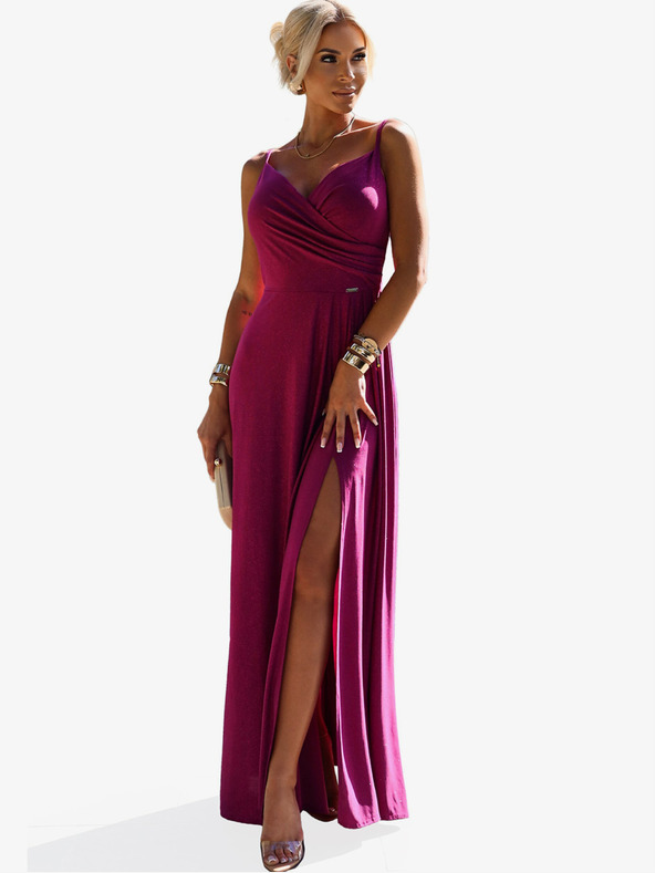 numoco Elegantné dlhé maxi šaty s ramienkami - fuchsiové s trblietkami Numoco CHIARA