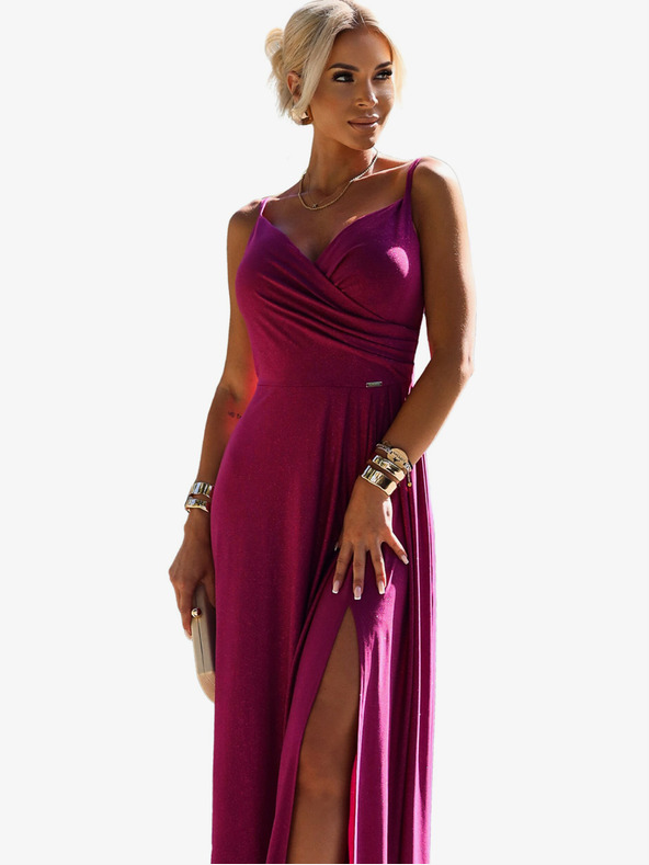 numoco Elegantné dlhé maxi šaty s ramienkami - fuchsiové s trblietkami Numoco CHIARA