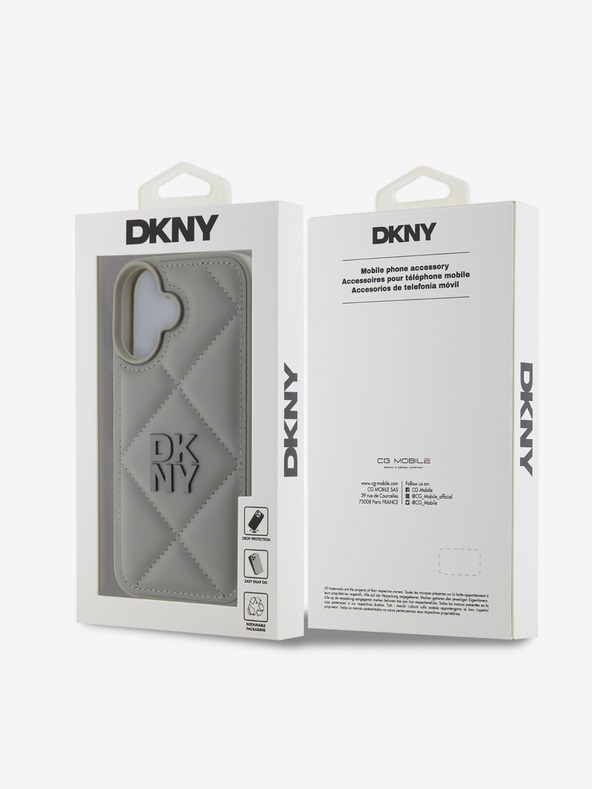 DKNY DKNY PU kožený prešívaný zadný kryt s logom komína pre iPhone 16 Plus sivý