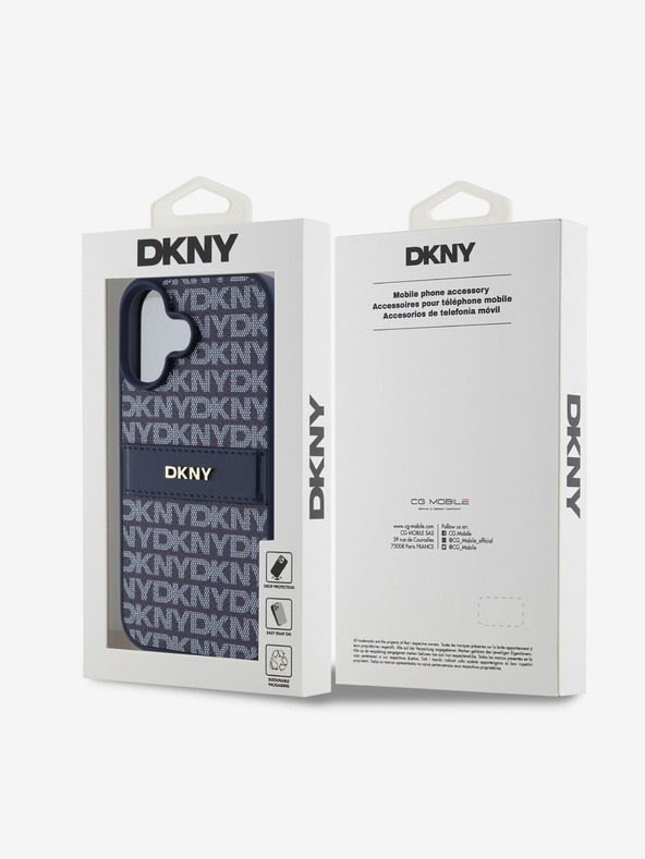 DKNY DKNY PU kožený zadný kryt s opakujúcim sa vzorom s tonálnym pruhom pre iPhone 16 modrý