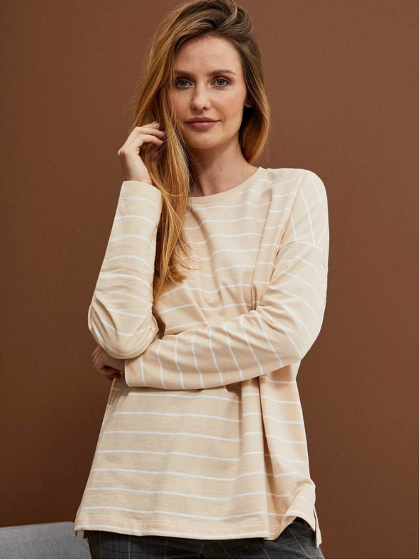Moodo Bielo-béžové dámske pruhované tričko Moodo