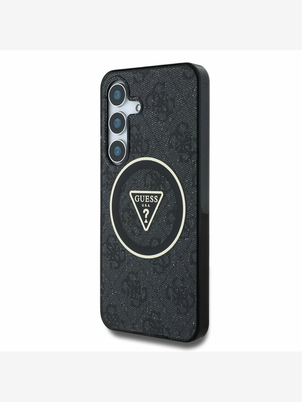 Guess Guess IML 4G zadný kryt s trblietkami a trojuholníkovým logom MagSafe pre Samsung Galaxy S25+ čierny