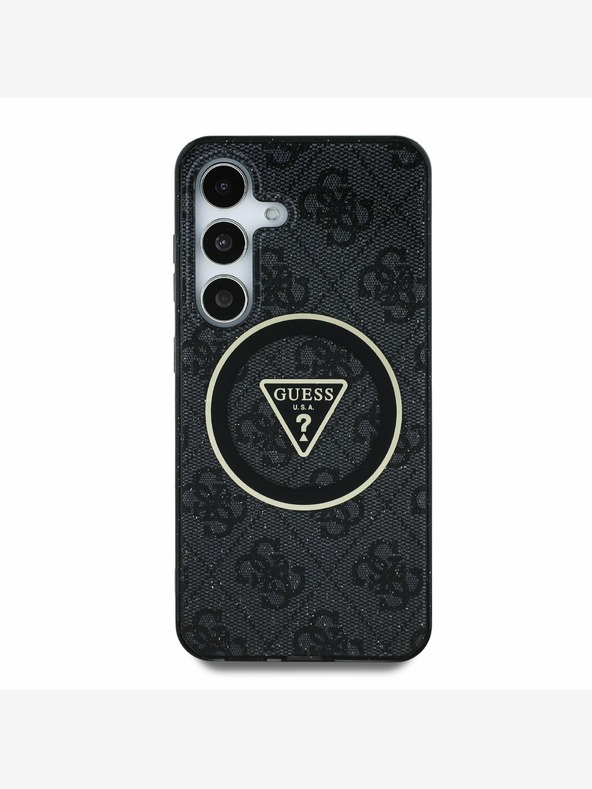 Guess Guess IML 4G zadný kryt s trblietkami a trojuholníkovým logom MagSafe pre Samsung Galaxy S25+ čierny