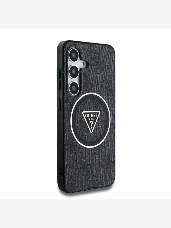 Guess Guess IML 4G zadný kryt s trblietkami a trojuholníkovým logom MagSafe pre Samsung Galaxy S25+ čierny