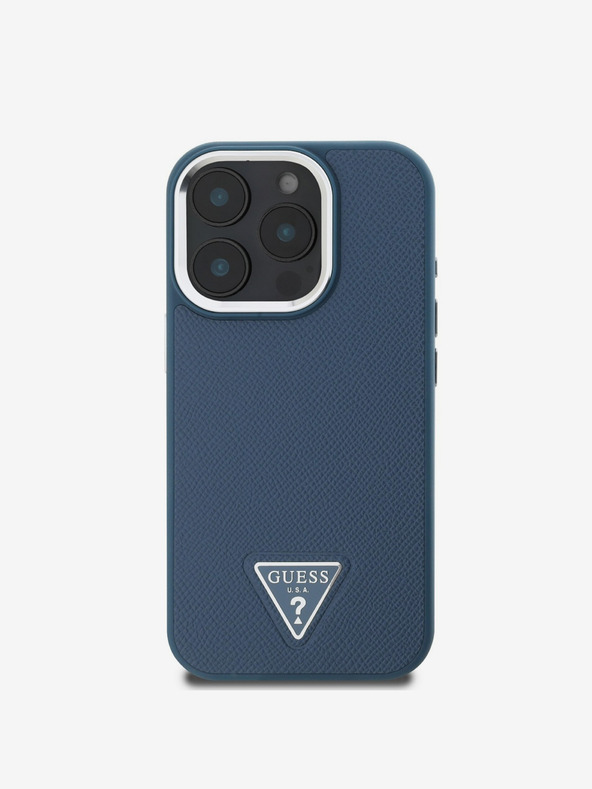 Guess Guess PU zrnitý zadný kryt s trojuholníkovým logom pre iPhone 16 Pro modrý