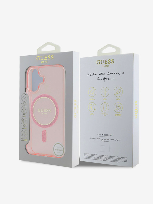 Guess Guess IML Glitter Ring MagSafe zadný kryt pre iPhone 16 ružový