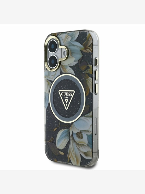 Guess Guess IML Glitter Magnolia and Triangle Logo MagSafe zadný kryt pre iPhone 16 čierny
