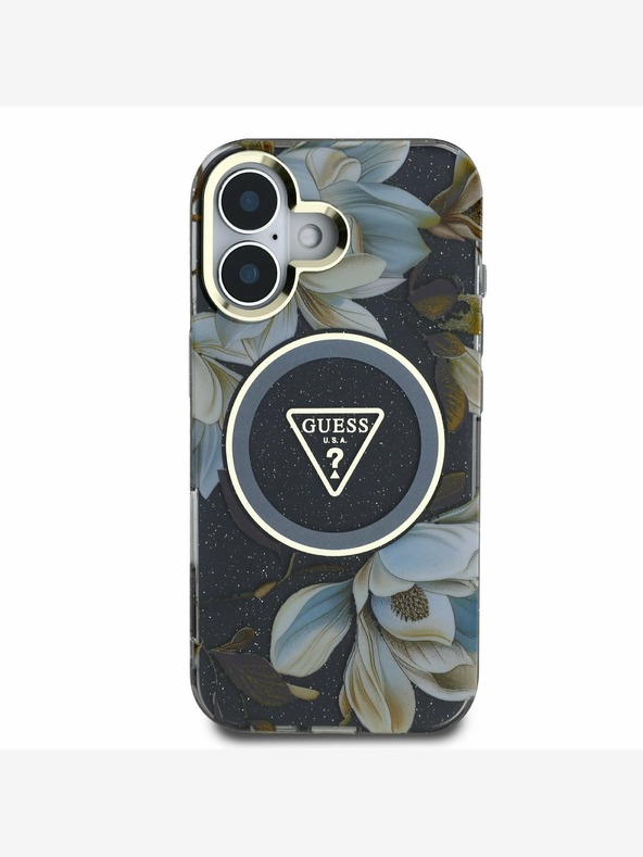 Guess Guess IML Glitter Magnolia and Triangle Logo MagSafe zadný kryt pre iPhone 16 čierny