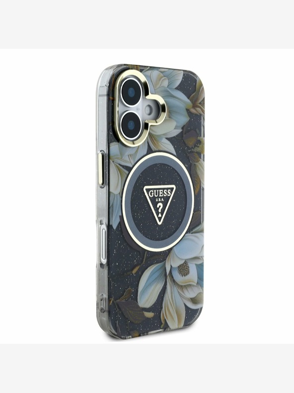 Guess Guess IML Glitter Magnolia and Triangle Logo MagSafe zadný kryt pre iPhone 16 čierny