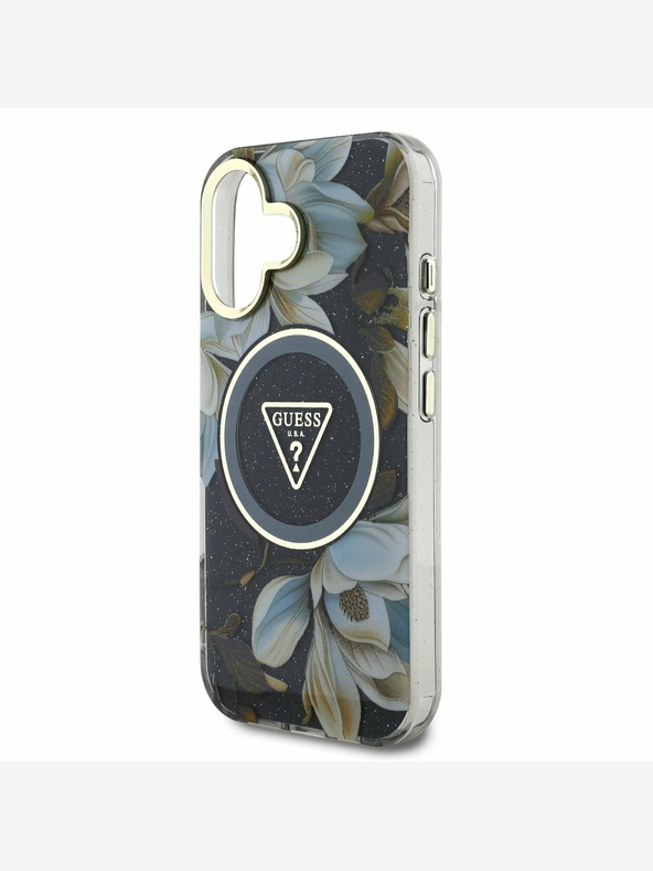 Guess Guess IML Glitter Magnolia and Triangle Logo MagSafe zadný kryt pre iPhone 16 čierny