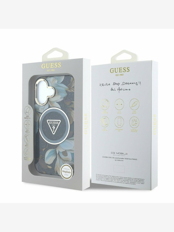 Guess Guess IML Glitter Magnolia and Triangle Logo MagSafe zadný kryt pre iPhone 16 čierny