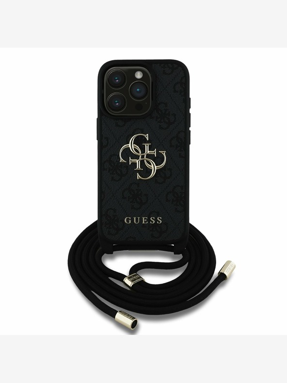 Guess Guess PU PU PU kovové logo Crossbody Strap zadný kryt pre iPhone 15 Pro čierny
