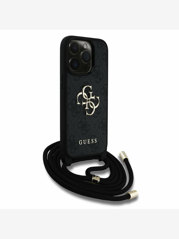 Guess Guess PU PU PU kovové logo Crossbody Strap zadný kryt pre iPhone 15 Pro čierny