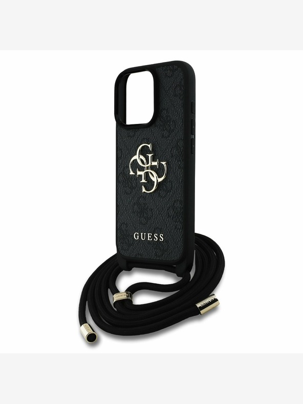 Guess Guess PU PU PU kovové logo Crossbody Strap zadný kryt pre iPhone 15 Pro čierny