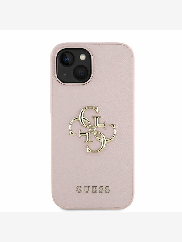Guess Guess PU zrnitý 4G kovový zadný kryt s logom pre iPhone 15 ružový