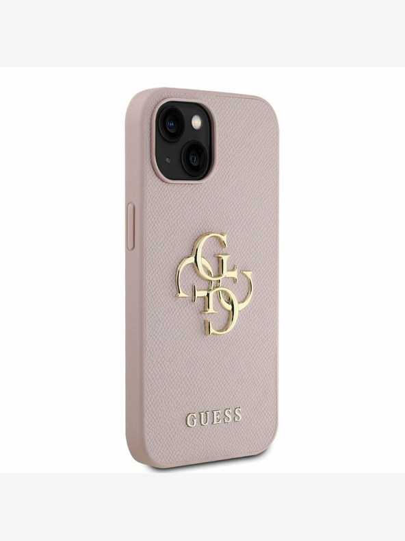 Guess Guess PU zrnitý 4G kovový zadný kryt s logom pre iPhone 15 ružový