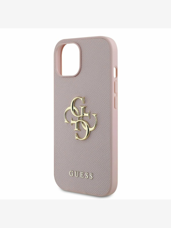 Guess Guess PU zrnitý 4G kovový zadný kryt s logom pre iPhone 15 ružový