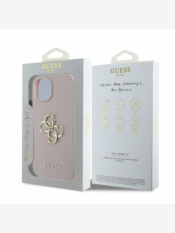 Guess Guess PU zrnitý 4G kovový zadný kryt s logom pre iPhone 15 ružový
