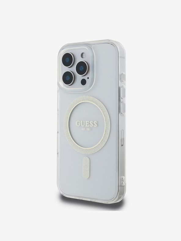 Guess Guess IML Glitter Ring MagSafe zadný kryt pre iPhone 16 Pro Transparentný