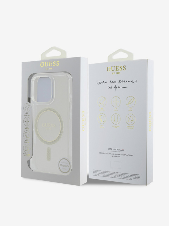 Guess Guess IML Glitter Ring MagSafe zadný kryt pre iPhone 16 Pro Transparentný